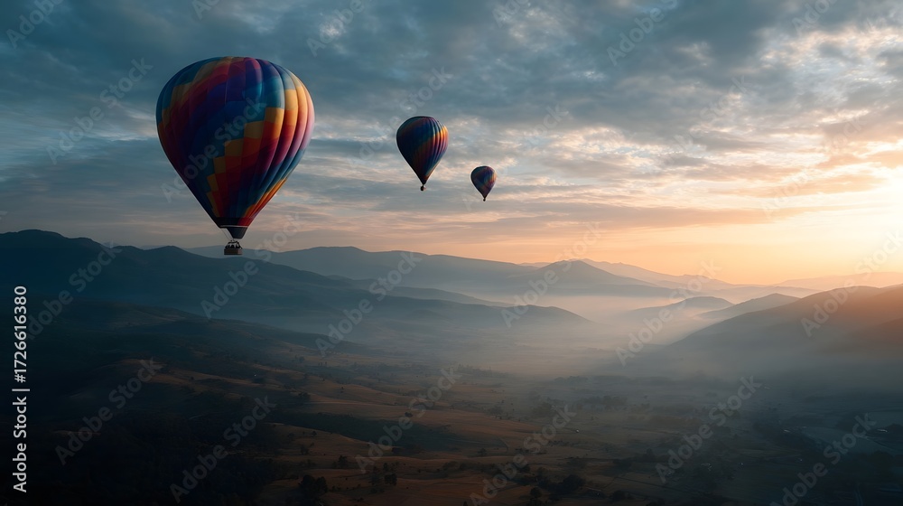 Obraz premium Colorful hot air balloons float over a misty mountain valley at sunrise