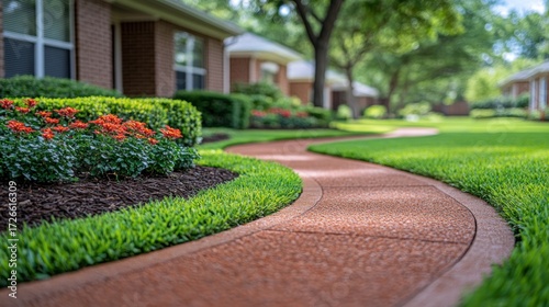 Curved walkway through lush landscaping