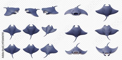 Collection of stylized manta ray illustrations in various poses and angles on a transparent background.