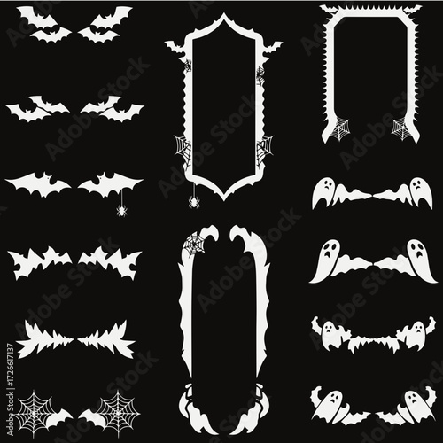 Spooky Halloween decorative elements featuring bats, ghosts, and spiderwebs for festive designs