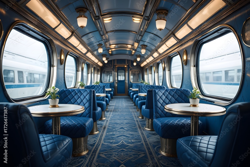 Obraz premium Elegant train interior with blue seats and tables for a luxurious travel experience