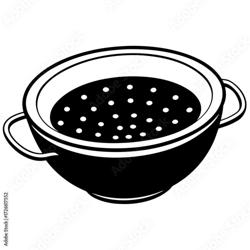Black silhouette of a kitchen colander with small holes filled with dots isolated on white background