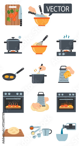 Comprehensive icon set illustrating various cooking steps and kitchen utensils. Includes icons for whisking eggs, grating cheese, and baking food in the oven