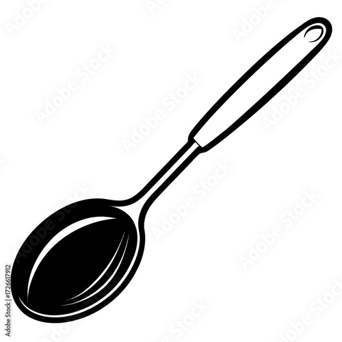 A simple black silhouette of a spoon with a curved handle isolated on white background
