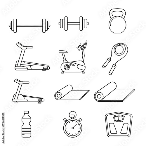 Set of monochrome outline icons representing fitness and gym equipment for a healthy lifestyle and athletic workout