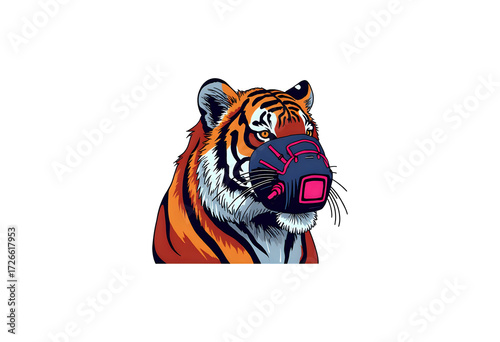 Royal Bengal tiger wearing futuristic neon oxygen mask in cyberpunk jungle.