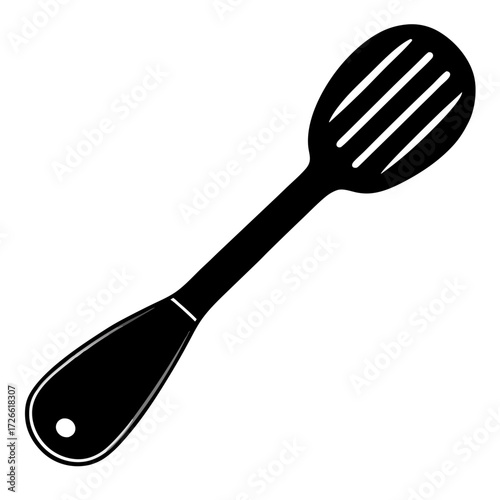 Black silhouette of a slotted kitchen utensil isolated on white background