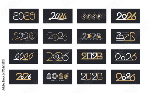 Big set of 2026 Happy New Year signs. Greeting card template collection. Holiday brochure, banner, poster. Vector illustration with black holiday labels isolated on white background. Gold flat digit.