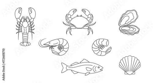 Assortment of Marine Life Lobster, Crab, Shrimp, Fish, Oyster, and Scallop in Black and White