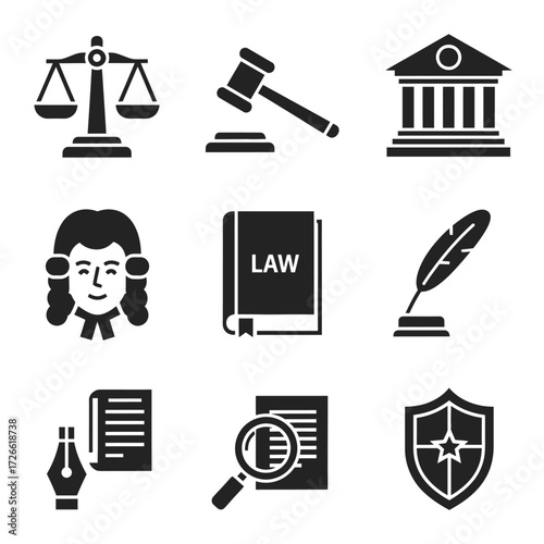 A collection of black glyph icons representing law, justice, and the legal system, including scales, a gavel, and courthouse symbols