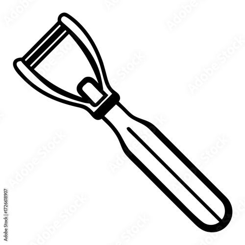 Black silhouette of a vegetable peeler tool with a handle isolated on white background