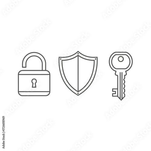 A minimalist set of security icons featuring a linear design of an unlocked padlock, a protective shield, and a key, representing concepts of safety, access, and digital protection