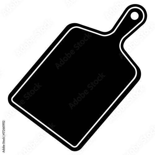 Black silhouette of a kitchen cutting board with a handle isolated on white background