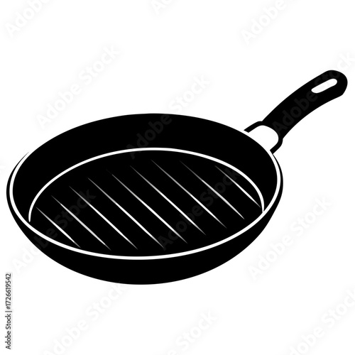 Black silhouette of a grill pan with raised ridges for cooking food isolated on white background