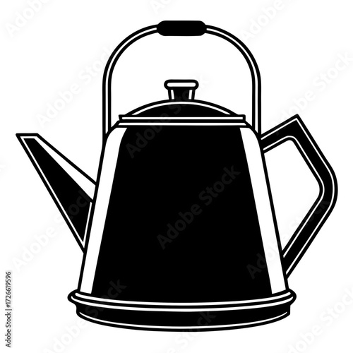 Classic black silhouette of a vintage kettle with a handle and spout isolated on white background