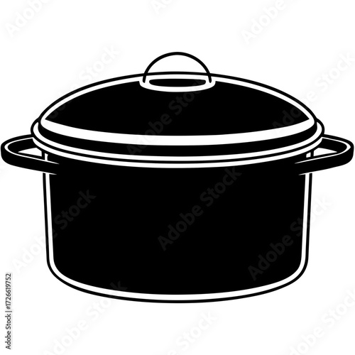 A black silhouette of a cooking pot with handles and a lid isolated on white background