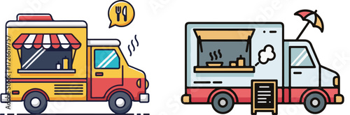 Illustrated Food Trucks with Cooking Elements and Serving Features