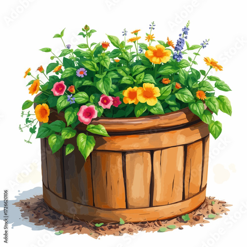 Wooden planter filled with colorful flowers, symbolizing gardening and natural beauty, digital illustration, copy space