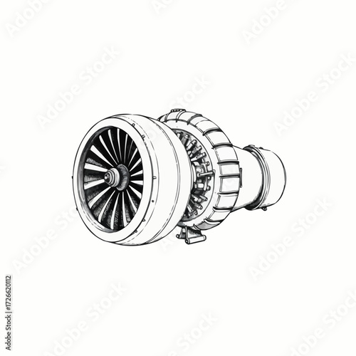 Detailed sketch of a jet engine turbine, representing engineering and aviation technology, hand-drawn illustration, copy space