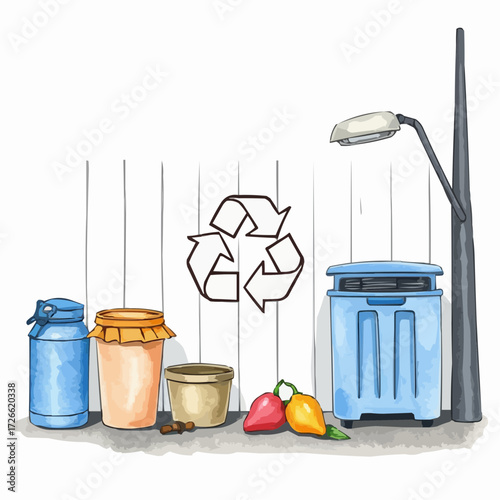 Recycling bins and organic waste in an urban setting, promoting sustainability and environmental awareness, watercolor illustration, copy space