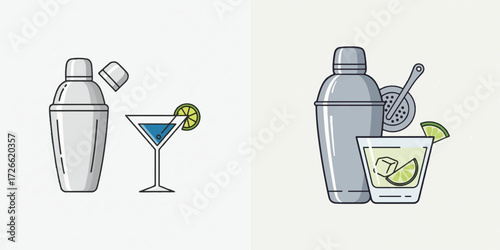 Stylized Cocktail Shakers and Bar Drinkware with Lime and Ice Illustration