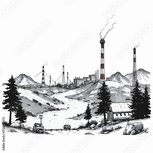 Factory landscape with pollution and smokestacks, depicting industrial impact on nature, sketch style, copy space