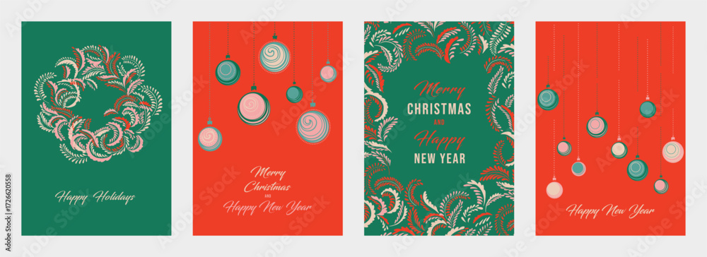 Fototapeta premium Vector Christmas and New Year templates with festive wreaths, ornaments, and foliage in red, green tones. Template for greeting cards, posters, and holiday invitations