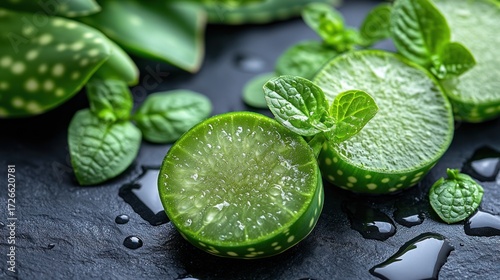 Fresh aloe vera slices with mint leaves on dark stone