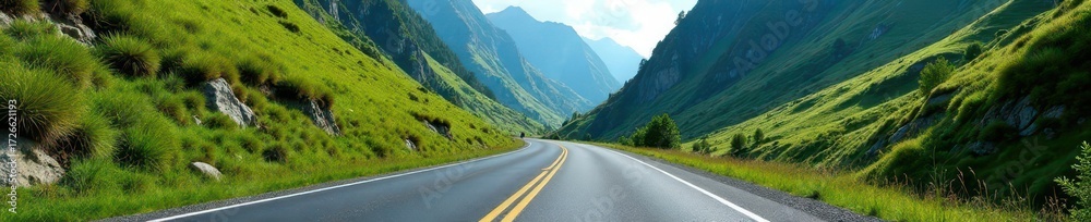 Fototapeta premium Asphalt ribbon winds through verdant mountain pass , trees, scenic
