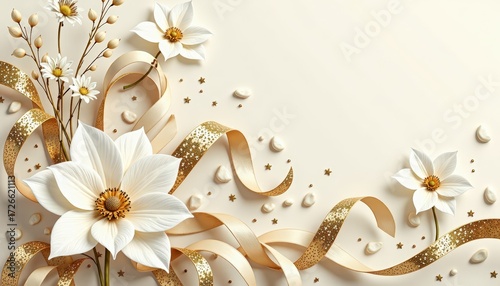 Elegant Floral Design with Gold Ribbons and Stars Luxury Background