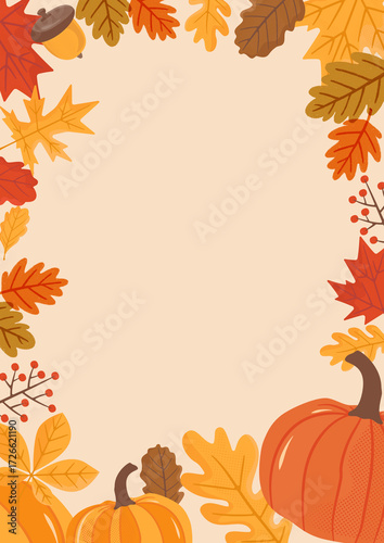 Rustic autumn flyer page with leaf motifs and clean center layout, designed for harvest fairs, seasonal markets, community events, Thanksgiving promotions and cozy seasonal branding materials Autumn.
