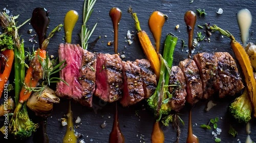 Culinary Masterpiece: A vibrant plate artfully presents a perfectly grilled steak, flanked by colorful vegetables and drizzled with exquisite sauces.