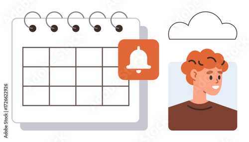 Calendar with reminder icon, user avatar, and cloud symbol representing scheduling, notifications, and data storage. Ideal for time management, organization, productivity, cloud data reminders