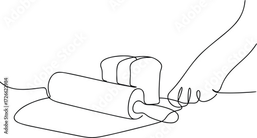 Single line drawing of bread slices and rolling pin
