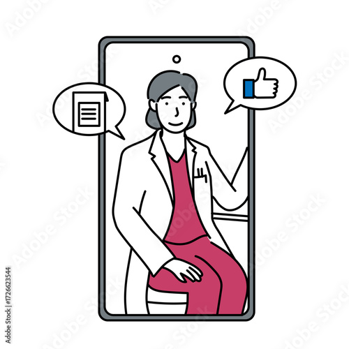 スマートフォン画面に映し出された医師が吹き出しを通して患者に説明を行い、サムズアップや書類のアイコンで理解や同意を示す様子を描いたイラスト｜遠隔診療やオンライン相談を表す現代的な医療シーンを表現