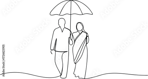 Couple walking under an umbrella line art woman