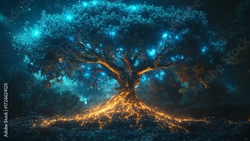Mystical Tree of Life Glowing in a Cosmic Nebula.