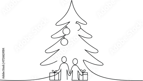 Two stick figures holding gifts under a Christmas tree
