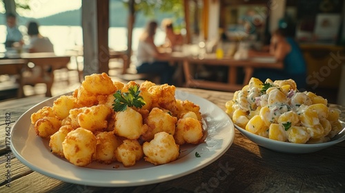Golden, crispy cheese balls and creamy pasta salad on a patio