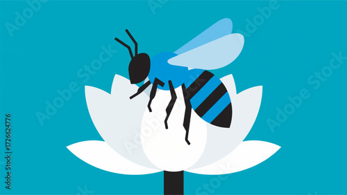Illustration Of A Blue Banded Bee Perched On A Lotus Flower Vector Design Template