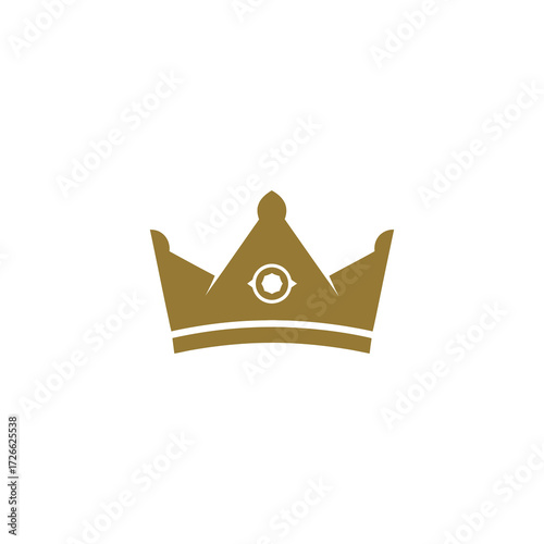 A stylized golden crown featuring a prominent central circular emblem, depicted against a clean white background.