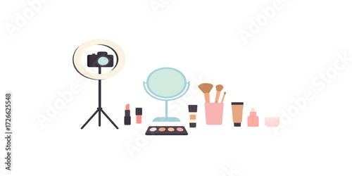 Print  Vector illustration of beauty blogger desk setup – ring light, camera, mirror, makeup brushes, cosmetics – modern flat design, isolated.