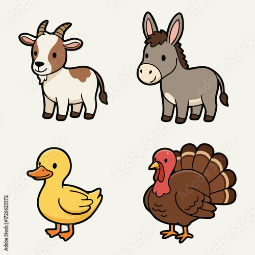 Farm animals group with goat donkey duckling and turkey
