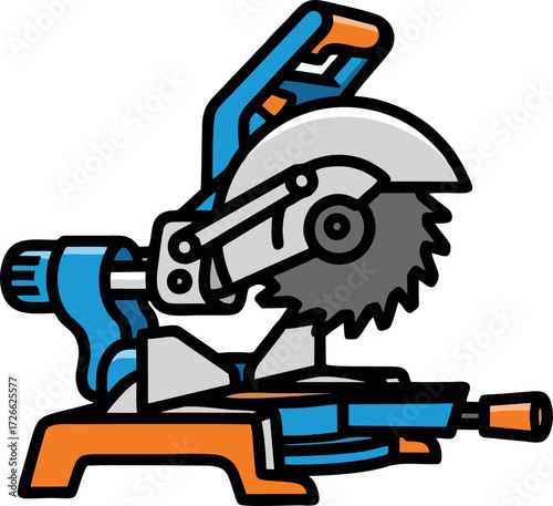 Detailed Vector Illustration of a Blue and Orange Miter Saw