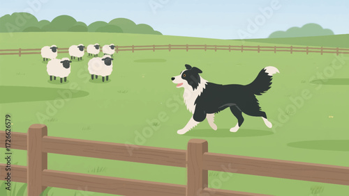 Illustration Of A Border Collie Dog Herding Sheep In A Wide Green Field Vector Design Template