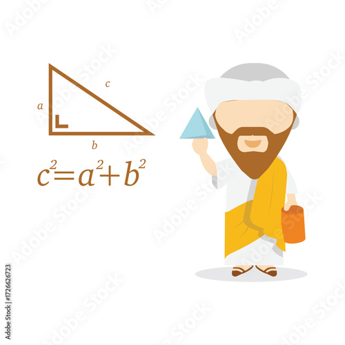 Pythagoras cartoon with the very popular isosceles triangle formula. Stock Illustration
