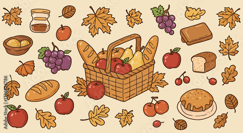 A charming vector illustration set of autumn harvest food items, including a picnic basket with fruit, bread, pie, and colorful fall leaves