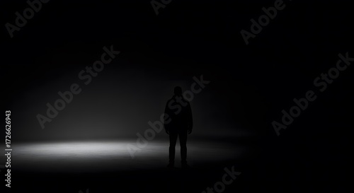 A solitary figure stands silhouetted in a pool of light against a dark, abstract background.
