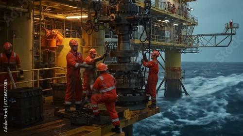 Offshore workers maintain oil rig machinery in rough seas