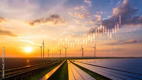 Solar panels and wind turbines at sunset with overlayed financial graph showing growth in energy sector